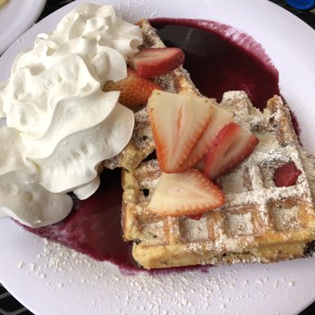 Baja Cafe on Campbell - Liege waffle with berry compote, fresh strawberries and whipped cream - Breakfast & Brunch Near Me - Tucson, Arizona