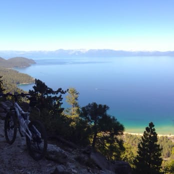 The Flume Trail - Lake Tahoe from the Flume Trail with a bike in the foreground. - Bike Rentals Near Me The Flume Trail - Lake Tahoe from the Flume Trail with a bike in the foreground. - Bike Rentals Near Me