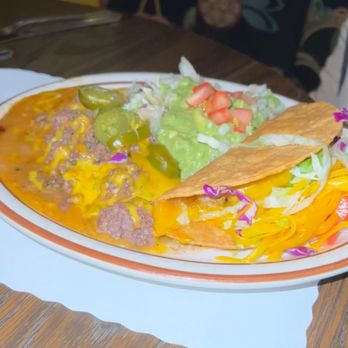 Mexicali Restaurants - Esther's Delight (chili verde taco and chili reno with salad topped with avocado dressing) - Mexican Near Me - Bakersfield, California