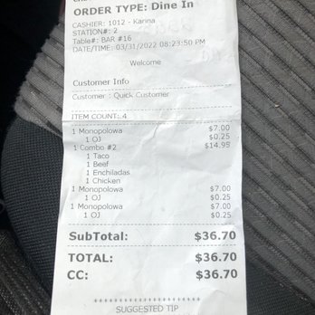 Mixtlan Grill Mexican Restaurant - My receipt the night we ate - Mexican Near Me - Oregon City, Oregon