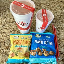 Smoothie King - 40-oz. Passion Passport, 20-oz. Activator Recovery Strawberry Banana, Veggie Chips, PB pretzels