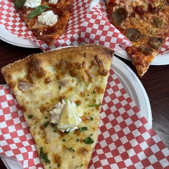 Zazas Pizzeria - Slices of HOT HONEY PEPPERONI PIE, WHITE PIE (contains sesame), CARUSO SPECIAL PIE - Pizza Near Me - Chicago, Illinois