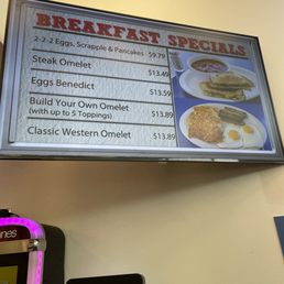 Breakfast Specials on a Saturday. Prices didn't make sense. The "special" Western omelet cost more than the regular menu version. Breakfast Specials on a Saturday. Prices didn't make sense. The "special" Western omelet cost more than the regular menu version.