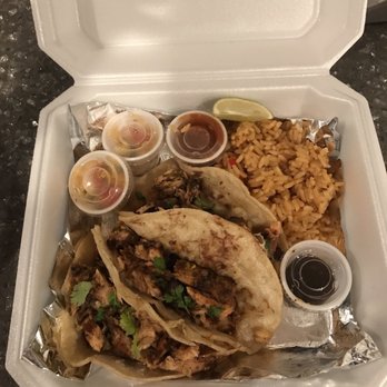EyeEat - 3 jerk salmon tacos (filled w salmon) w mango slaw +black beans, plus side of super moist "cola" rice! Yummy!!!! - Caterers Near Me EyeEat - 3 jerk salmon tacos (filled w salmon) w mango slaw +black beans, plus side of super moist "cola" rice! Yummy!!!! - Caterers Near Me