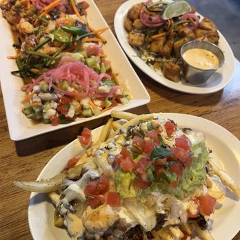 Bajamar Seafood & Tacos - Left to right: Surf n Turf fries, Ceviche Sampler, Fish Chicharron. - Seafood Near Me - Henderson, Nevada