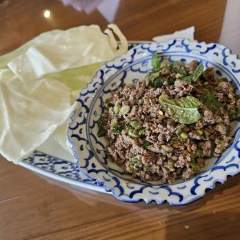 Thai Kitchen - LARB [GLV] beef seasoned with mint leaves, scallion, hot peppers, and fresh lime juice. Served with cabbage. - Thai Near Me - Baton Rouge, Louisiana