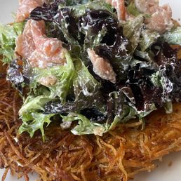Gravlax Plate- Lax, potato pancake, crème fraîche on greens Gravlax Plate- Lax, potato pancake, crème fraîche on greens