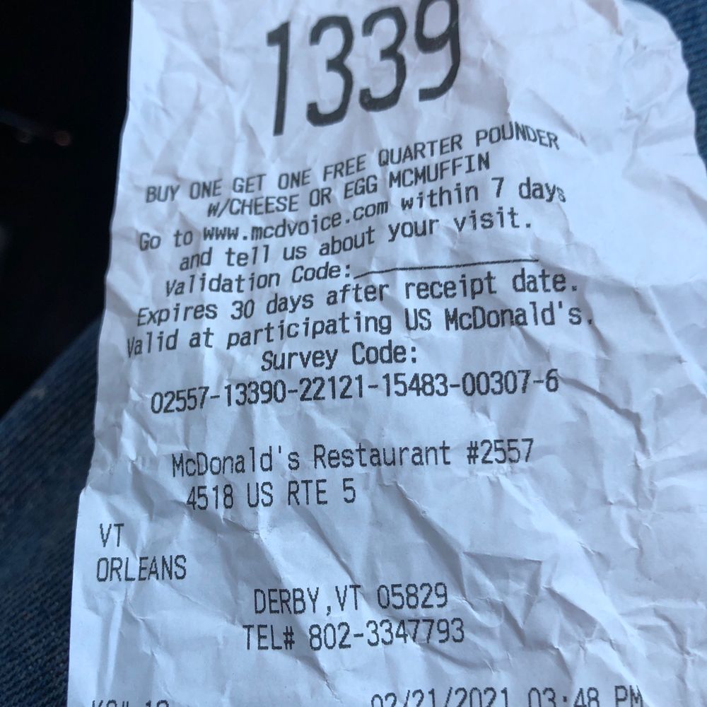 McDonald's - the receipt for the restaurant - Coffee & Tea Near Me - Derby, Vermont McDonald's - the receipt for the restaurant - Coffee & Tea Near Me - Derby, Vermont
