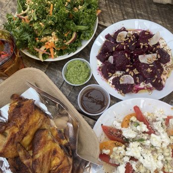Chachi's - Kale salad  Beets, tahini with yogurt  Rotisserie chicken  Tamatoe and corn with feta cheese - New American Near Me - Baltimore, Maryland