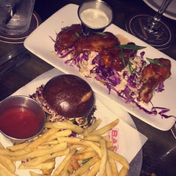 Basin 141 - K town wings and the short braised rib slider with French fries . Amazingly delicious for $9 during happy hour - Pubs Near Me - Montrose, California