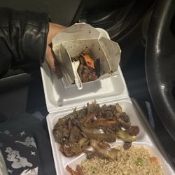 Chopstix Oriental Food To Go - Next to the rice is Mongolian beef in the cup is spicy chicken