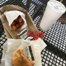 Lunch - large tater tot, regular hamburger, sweet tea Lunch - large tater tot, regular hamburger, sweet tea