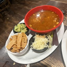 Chicken tortilla soup with toppings on the side - size large - enough for two people