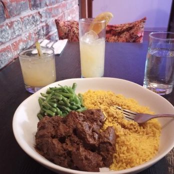 Blue Toba - Spicy Pineapple-lime Soda (short glass), Matahariku (tall glass), and the Rendang - Indonesian Near Me - Ashland, Oregon Blue Toba - Spicy Pineapple-lime Soda (short glass), Matahariku (tall glass), and the Rendang - Indonesian Near Me - Ashland, Oregon