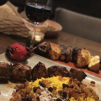 Rumi's Kitchen - Lamb Kabob * $29--lamb sirloin, mint yogurt marination,lentil & raisin basmati rice  Wine- Cabernet Sauvignon, Lagar de Bezana,  $11 - Persian/Iranian Near Me - Atlanta, Georgia