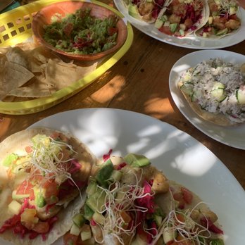 Ceviches La Chingada - Fried fish tacos, guacamole and a ceviche tostada. - Seafood Near Me - Holbox, ROO Ceviches La Chingada - Fried fish tacos, guacamole and a ceviche tostada. - Seafood Near Me - Holbox, ROO