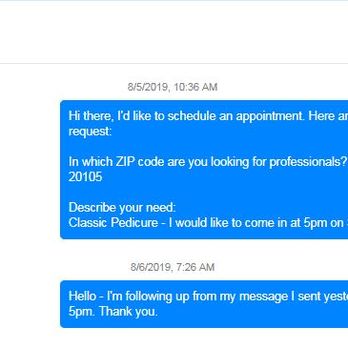 NV Nails & Spa - Message about appointment and following up the next day...still no reply... - Nail Salons Near Me - Chantilly, Virginia