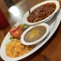 Chatitas Mexican Restaurant - Red Chile Beef Plate | Chile Colorado w/rice & beans.