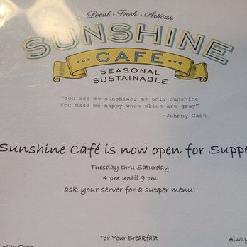 Sunshine Cafe - Menu - front page - Cafes Near Me - Napa, California