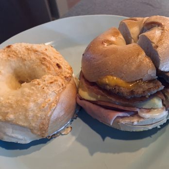 Bagel Beanery - Asiago cheese bagel with cream cheese and breakfast stack sandwich - Coffee & Tea Near Me - Grand Rapids, Michigan