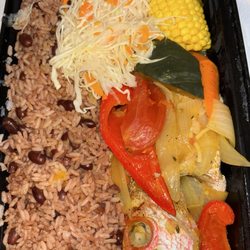 Gold Star Jerk & Seafood Center - Steam Fish with vegetables, Rice and Peas, and coleslaw