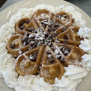 Peg's Glorified Ham and Eggs - Waffle with whip cream and chocolate chips - American Near Me - Sparks, Nevada Peg's Glorified Ham and Eggs - Waffle with whip cream and chocolate chips - American Near Me - Sparks, Nevada