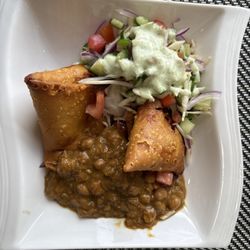 Shupback Pakistani Kitchen - An order of samosas comes with salad and lentils.