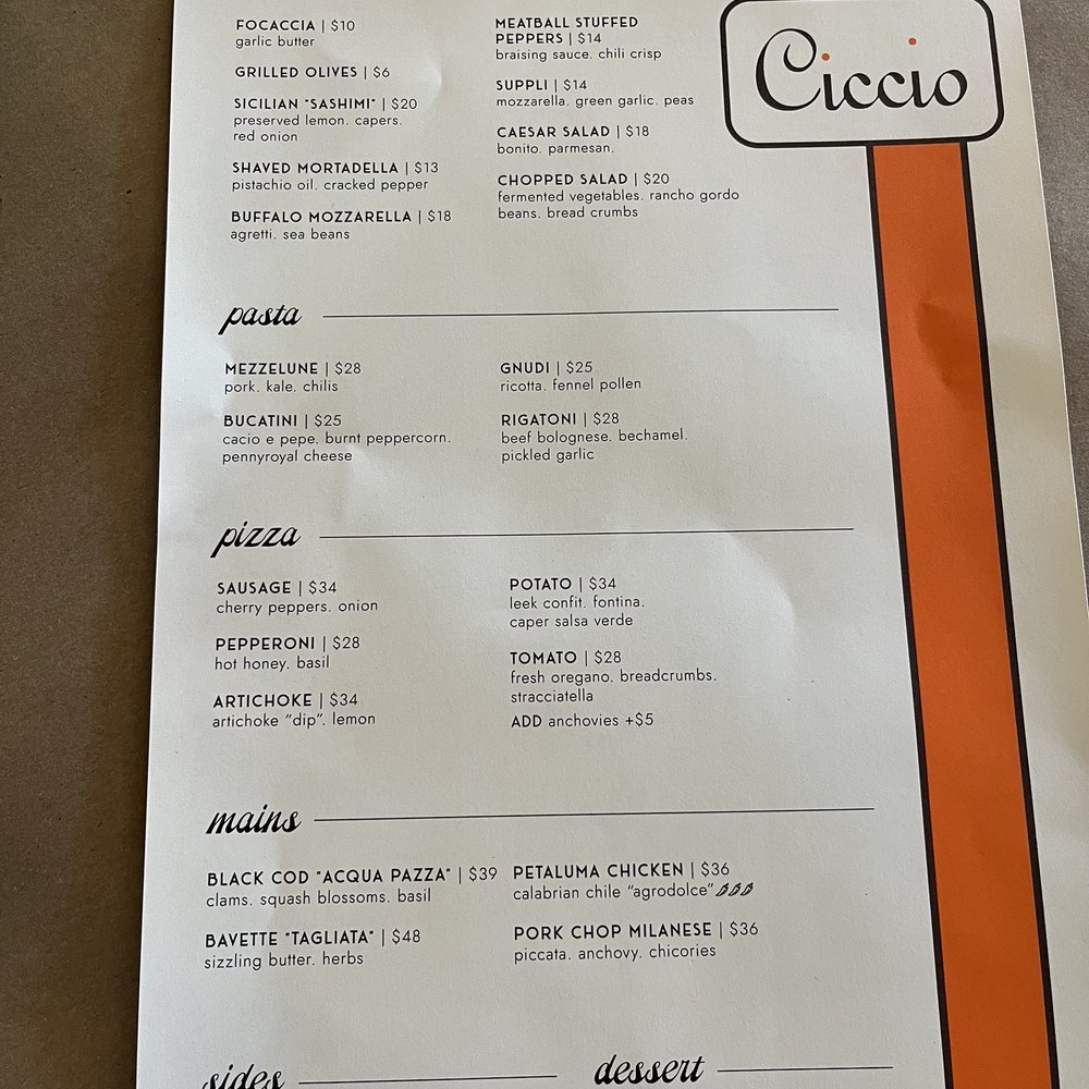 Ciccio - Menu - Pizza Near Me - Yountville, California
