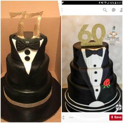 Sugar Addicts Sweets and Treats - BIG disaster! cake on the right is what I liked.. she created left one the 77 were small paper ones. Why is there bling on a Man's cake!