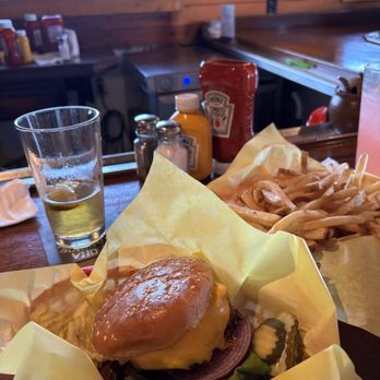 Rocky's Crown Pub - 1/2 lb Cheeseburger, fries and a cold Stone buenaveza for the win - Burgers Near Me - San Diego, California