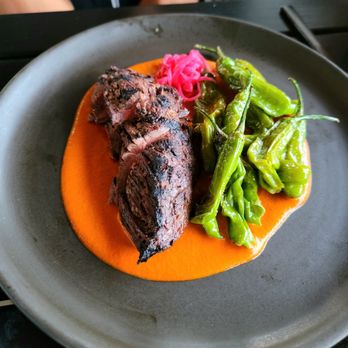 VAGA Restaurant & Bar - Koji Aged Hanger Steak Roasted Shishito, Peanut Mole, Pickled Red Onions - Latin American Near Me - Encinitas, California VAGA Restaurant & Bar - Koji Aged Hanger Steak Roasted Shishito, Peanut Mole, Pickled Red Onions - Latin American Near Me - Encinitas, California