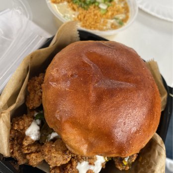 Lawrence Barbecue - Oyster burger special with a side of Mac and Cheese. SOOOOOO GOOD! - Barbeque Near Me - Cary, North Carolina
