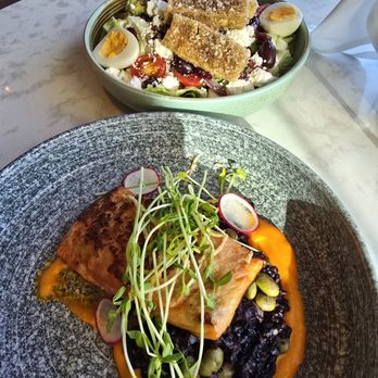 CAVU Kitchen Bar - Both entrees, Miso Salmon and Big Salad - Bars Near Me - Richmond, British Columbia