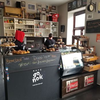 Kafé Go Nok - Sandwiches listed on register chalkboard, many bakery goodies on the counter and under the glass, and great baristas. - Themed Cafes Near Me - Stavanger, 11 Kafé Go Nok - Sandwiches listed on register chalkboard, many bakery goodies on the counter and under the glass, and great baristas. - Themed Cafes Near Me - Stavanger, 11