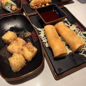 AYCE Sushi - Agedashi Tofu(4), spring rolls, and right behind the spring rolls is cheese crab meat tempura. - Sushi Bars Near Me - Las Vegas, Nevada AYCE Sushi - Agedashi Tofu(4), spring rolls, and right behind the spring rolls is cheese crab meat tempura. - Sushi Bars Near Me - Las Vegas, Nevada