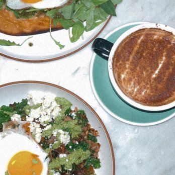 Slate Cafe - Nomad - Breakfast Pizza (top), Breakfast Bowl (bottom) and Dirty Chai Latte - Coffee & Tea Near Me - New York, New York