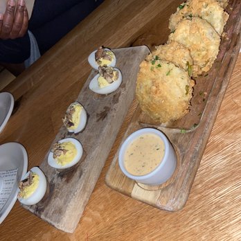Whiskey Cake - Deviled eggs and fried green tomatoes - New American Near Me - Irving, Texas Whiskey Cake - Deviled eggs and fried green tomatoes - New American Near Me - Irving, Texas