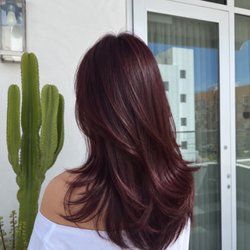 Theodora Hair Studio Olympic - Cherry brown hair with no bleach at Theodora Hair Studio in Los Angeles for a rich, dimensional red-brown finish.