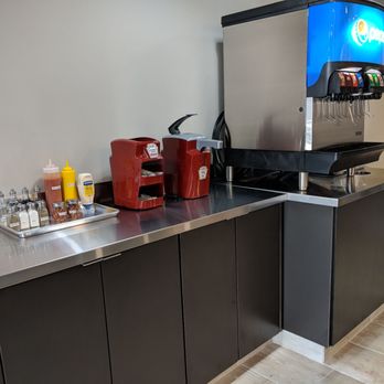 Fresh Burger - Condiment & drink section in the back of the restaurant. September 2018 - Burgers Near Me - Toronto, Ontario Fresh Burger - Condiment & drink section in the back of the restaurant. September 2018 - Burgers Near Me - Toronto, Ontario