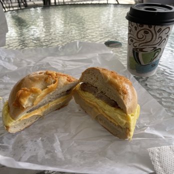 Bagels Plus - Asiago bagel with sausage egg and cheese. So good - Bagels Near Me - Tampa, Florida Bagels Plus - Asiago bagel with sausage egg and cheese. So good - Bagels Near Me - Tampa, Florida