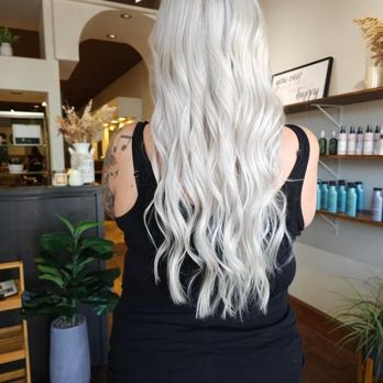 A Blonder Place Formerly Blume - Platinum blonde with curls - Hair Salons Near Me - Highland, California A Blonder Place Formerly Blume - Platinum blonde with curls - Hair Salons Near Me - Highland, California