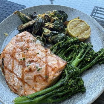 Pacific Catch - the Arctic salmon with Hawaiian sea salt, along with Brussels sprouts and broccolini - Seafood Near Me - Campbell, California Pacific Catch - the Arctic salmon with Hawaiian sea salt, along with Brussels sprouts and broccolini - Seafood Near Me - Campbell, California