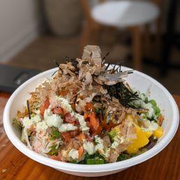 Build your own bowl - Big Guy Bowl - $10.95 (2 portions of rice and 8 toppings) added 2 scoops of poke