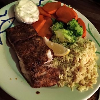 The Lobster Trap - Blackened seasoned sea bass with rice pilaf and mixed vegetables - Seafood Near Me - Avalon, California The Lobster Trap - Blackened seasoned sea bass with rice pilaf and mixed vegetables - Seafood Near Me - Avalon, California
