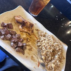 Miyabi Japanese Steakhouse and Sushi Bar - Hibachi fillet, mignon, medium, rare, with salmon and double fried rice.