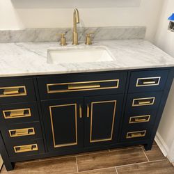 WOODBRIDGE Milan 49"x22"x38" Solid Wood Bath Vanity in Navy Blue with Marble Vanity Top in White with White Sink