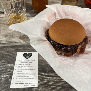Lucy's Burger Bar - The Juicy Lucy! Comes with handling instructions for safe consumption :) - Burgers Near Me - Denver, Colorado Lucy's Burger Bar - The Juicy Lucy! Comes with handling instructions for safe consumption :) - Burgers Near Me - Denver, Colorado