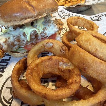 Burger Vault - Crispy chicken sandwich with onion rings - Burgers Near Me - Keller, Texas