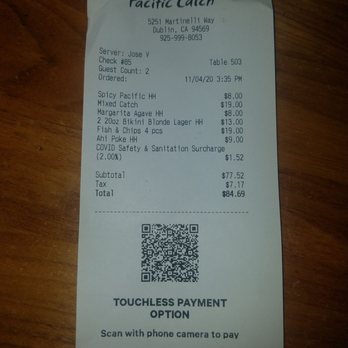 Pacific Catch - Covid19 cleaning fee 2% came out to a whooping $1.52... Gladly paid it! - Seafood Near Me - Dublin, California Pacific Catch - Covid19 cleaning fee 2% came out to a whooping $1.52... Gladly paid it! - Seafood Near Me - Dublin, California