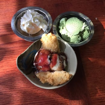 Sushi Pier - Left to right mochi mango, green tea ice cream, deep friend banana with vanilla ice cream - Sushi Bars Near Me - Reno, Nevada Sushi Pier - Left to right mochi mango, green tea ice cream, deep friend banana with vanilla ice cream - Sushi Bars Near Me - Reno, Nevada